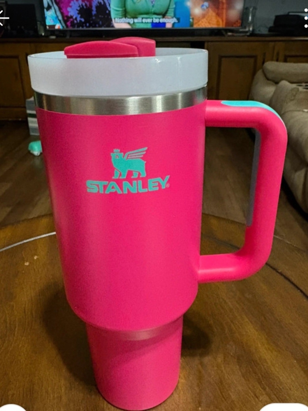 New Stanley Pink Travel Mug with Teal Logo and Handle Accent 40oz